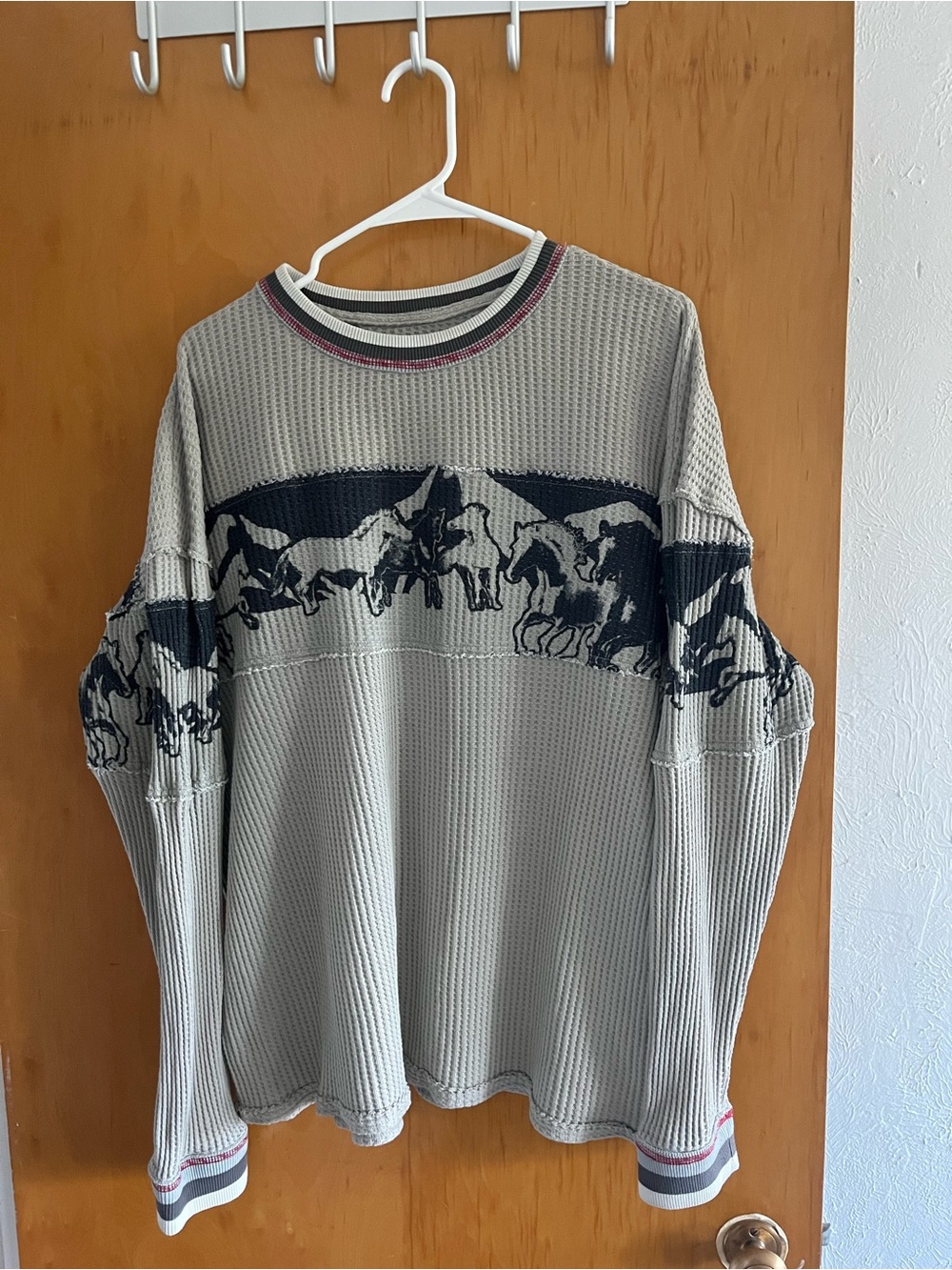 We The Free Gray Crewneck Sweater with Navy Horse Band